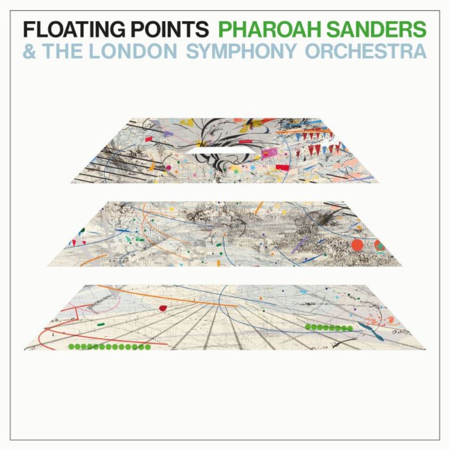 Front cover of "Promises" marbled vinyl edition by Floating Points, Pharoah Sanders, and the London Symphony Orchestra, featuring elegant design.