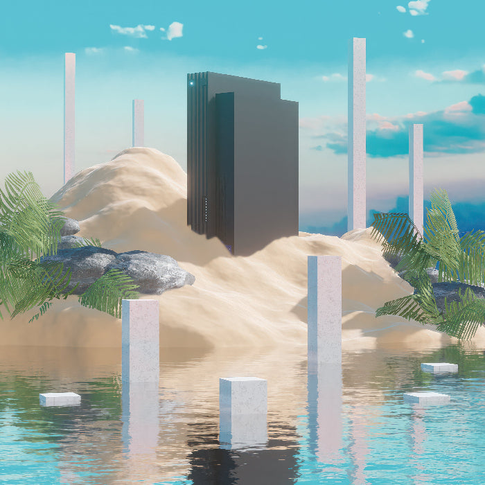 Pizza Hotline - Polygon Island 2LP Curaçao vinyl with heavy gatefold sleeve, featuring liquid drum & bass and retro gaming vibes.