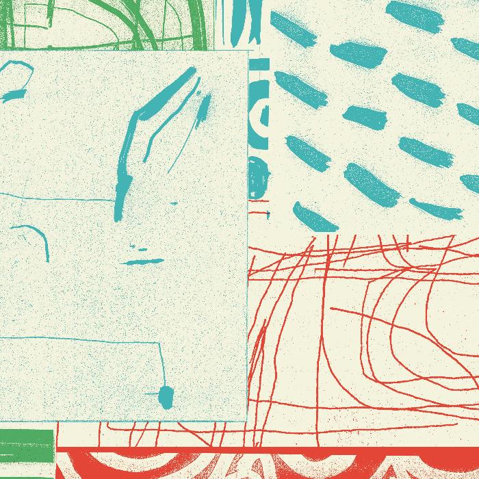Assumers Assumetro EP vinyl record cover. An abstract, colorful collage with geometric shapes, lines, and patterns in shades of green, red, and blue