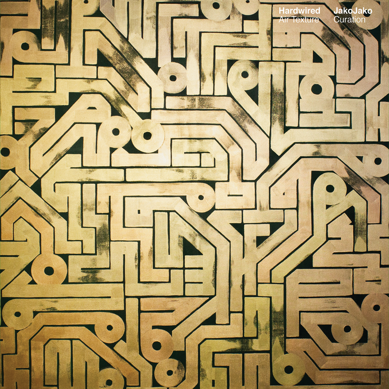Patterned design with geometric shapes and text overlay on a textured background