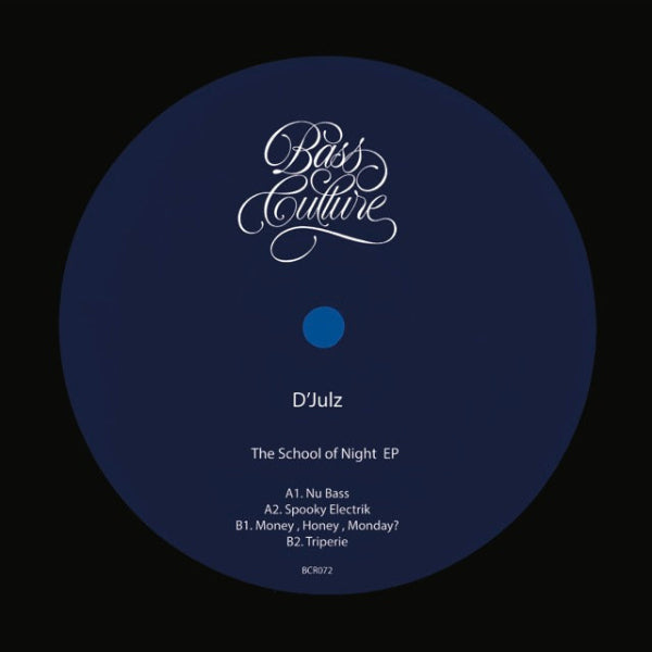 Vinyl record label with 'Bass Culture' branding and tracklist on a dark blue background