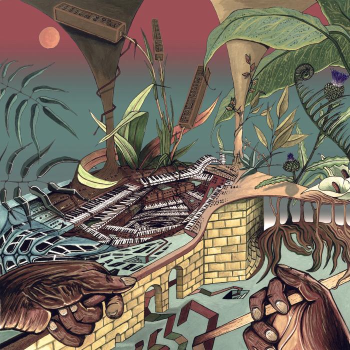 Nu Guinea The Tony Allen Experiments vinyl record cover. A psychedelic, surreal artwork depicting a lush, tropical landscape growing out of a synthesizer keyboard.