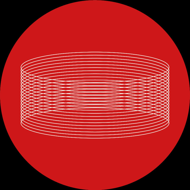 White concentric circular pattern on a red circle with a black background