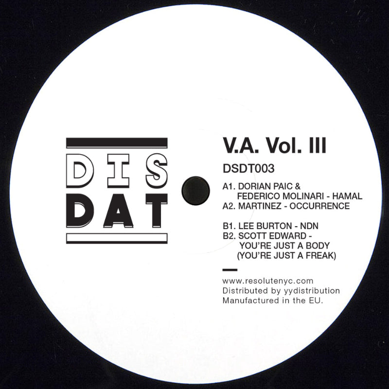 Vinyl record label with 'DIS DAT' branding and tracklist on a white circle against a black background