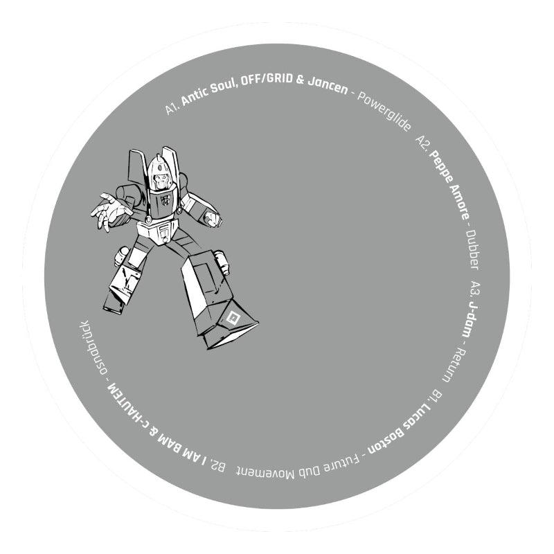 Round label with robot illustration and text on a gray background