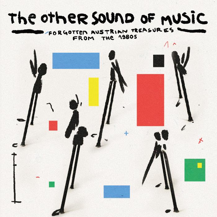 Various Artists The Other Sound Of Music vinyl record cover. A minimalist, abstract illustration featuring stick figures with long arms and legs, colored shapes, and the album title "The Other Sound Of Music" written in a stylized font.