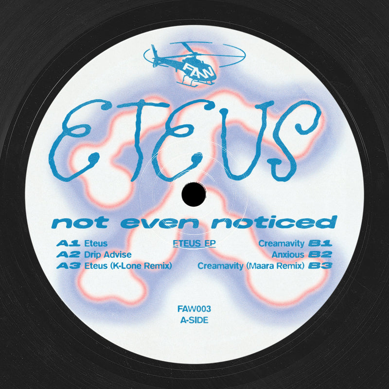 Vinyl record label with 'Eteus' branding and track information on a black background