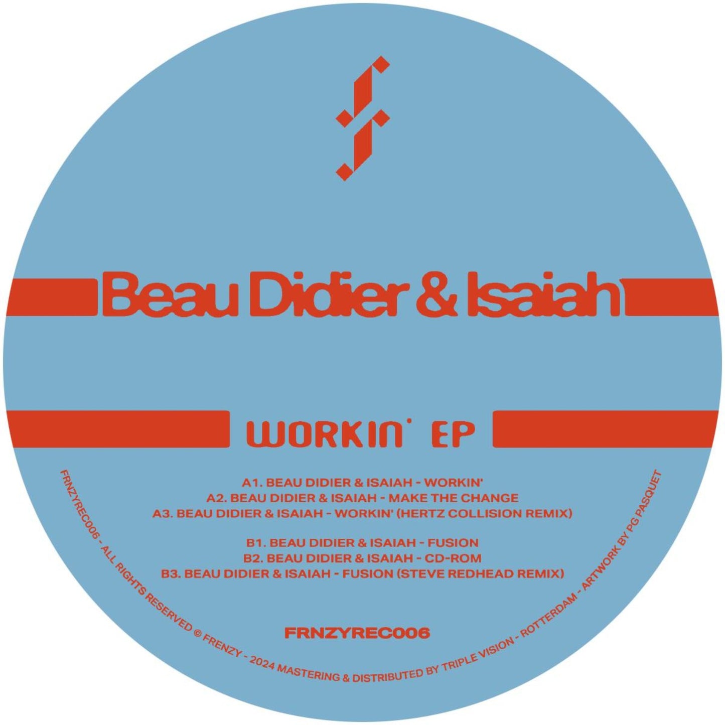 Beau Didier & Isaiah Workin' EP vinyl record cover. A minimalist design with the artists' names and album title in red text on a light blue background. The record label information is displayed in smaller text