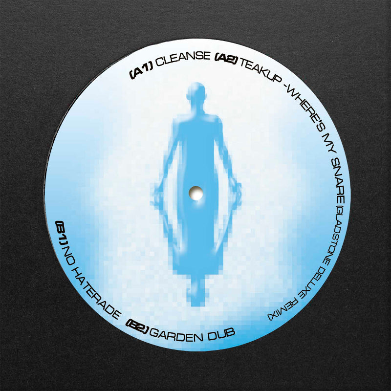 Vinyl record label with a blue silhouette of a person on a black background