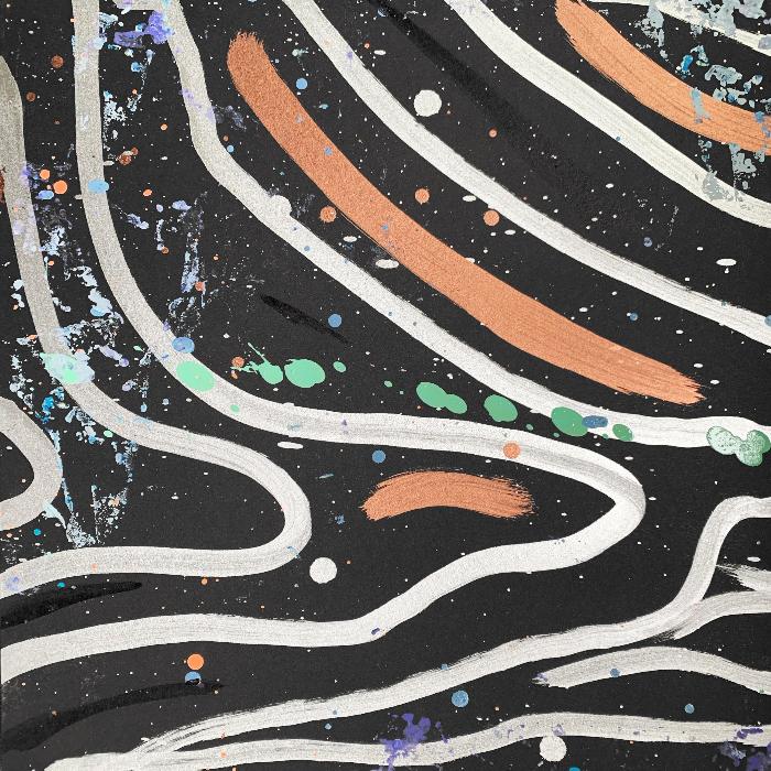 Finetune The Inner Space vinyl record cover. An abstract painting with a dark background featuring white, silver, and copper brushstrokes and paint splatters. The artwork creates a sense of depth and texture.