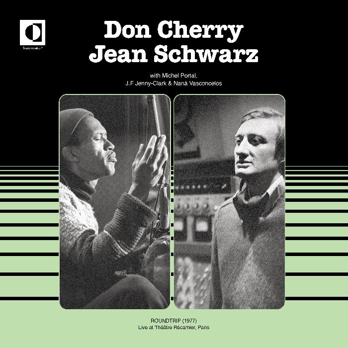 Don Cherry, Jean Schwarz Roundtrip (1977) (Live at Théâtre Récamier, Paris) vinyl record cover. A minimalist design featuring the album title, artist names, and performance details in white text on a black background.