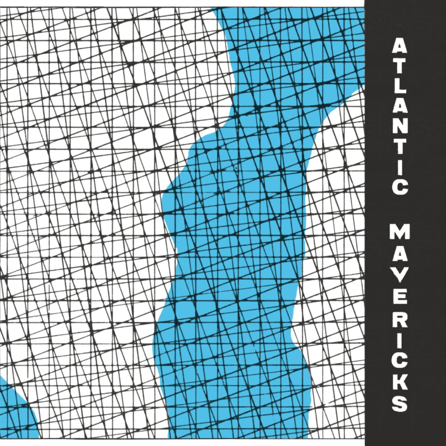Various Artists Atlantic Mavericks: A Decade of Experimental Music in Portugal (82-93) vinyl record front cover. A minimalist design featuring a black and white abstract pattern with a blue shape. The album name "Atlantic Mavericks" is displayed vertically in white text.