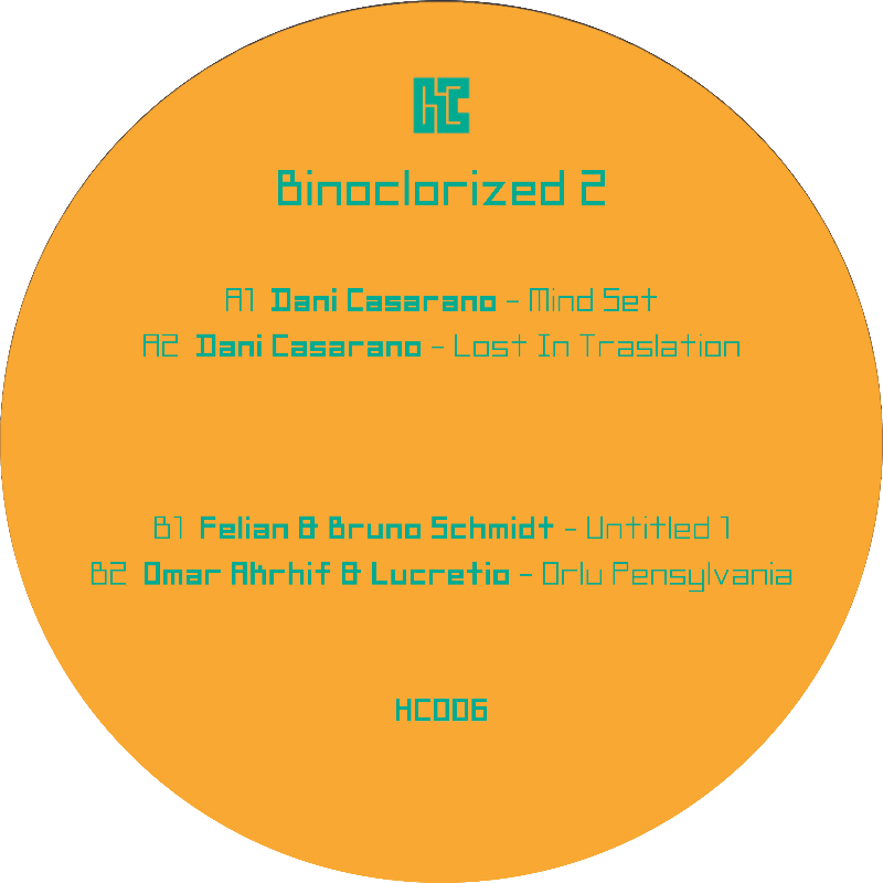 Round orange label with green text displaying tracklist and album details on a white background