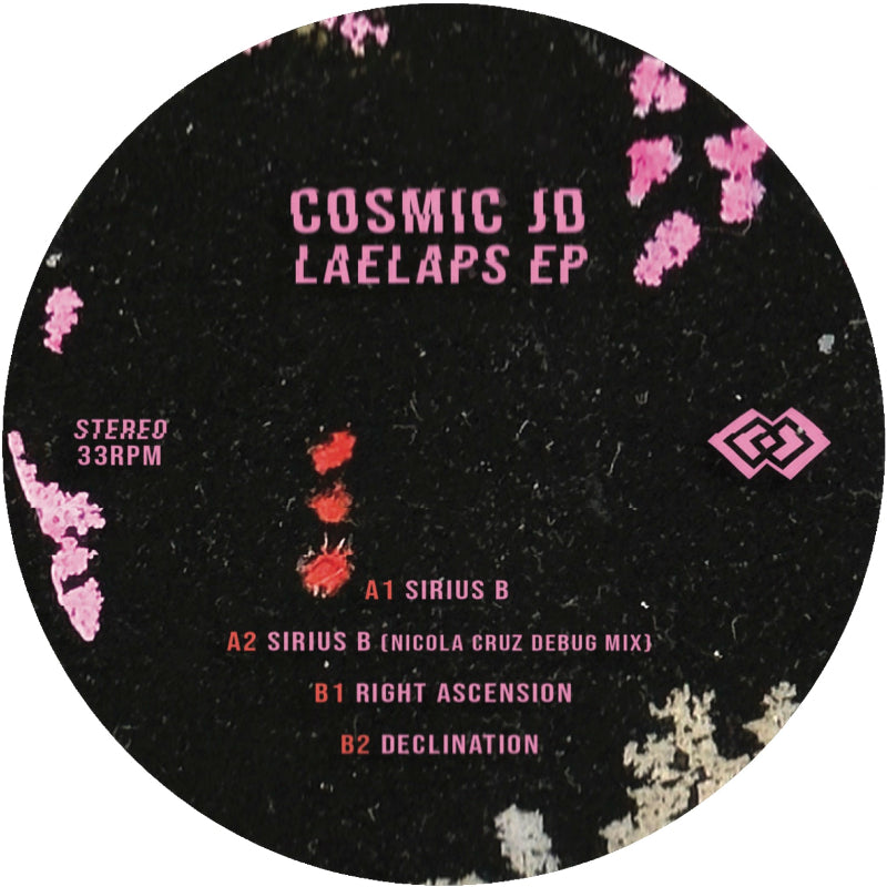 Vinyl record label with text and a logo on a black background