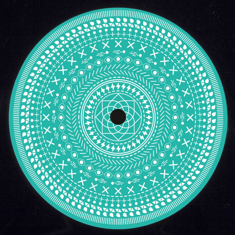 Teal circular design with white patterns on a black background