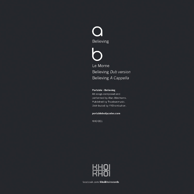 Black album cover with white text and branding for 'Believing' by Le Morne and Portable.