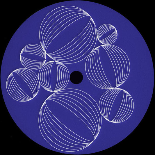 Geometric design of white lines on a blue circle with a black dot