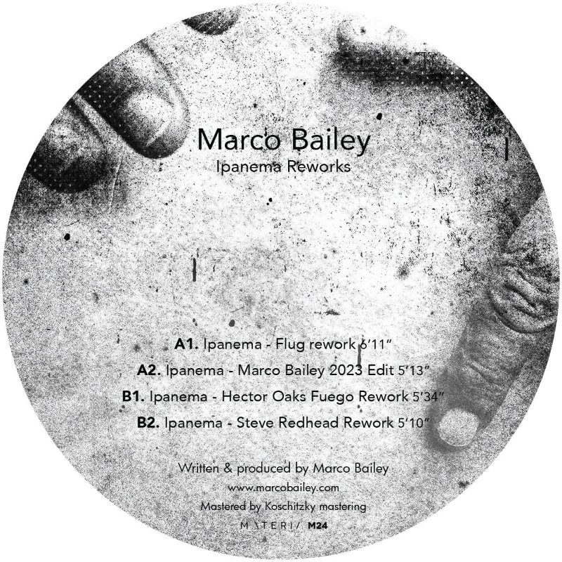 Vinyl record label with text and a black and white image of a person holding a record.