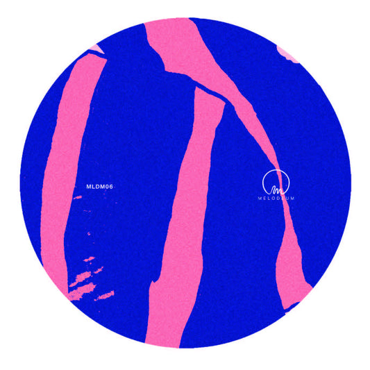 Round product with pink and blue abstract design on a white background