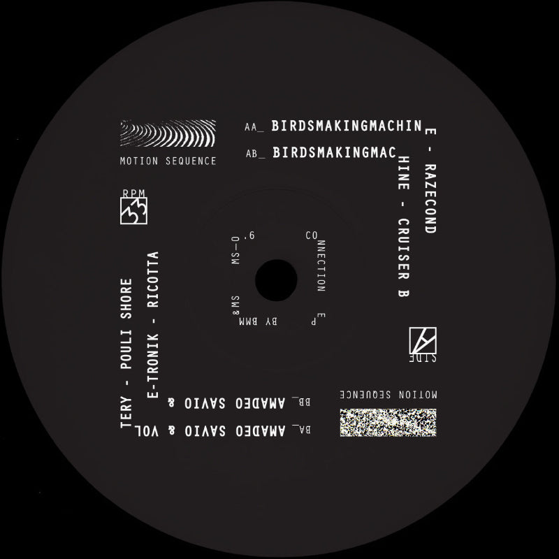 Black vinyl record label with white text and design elements