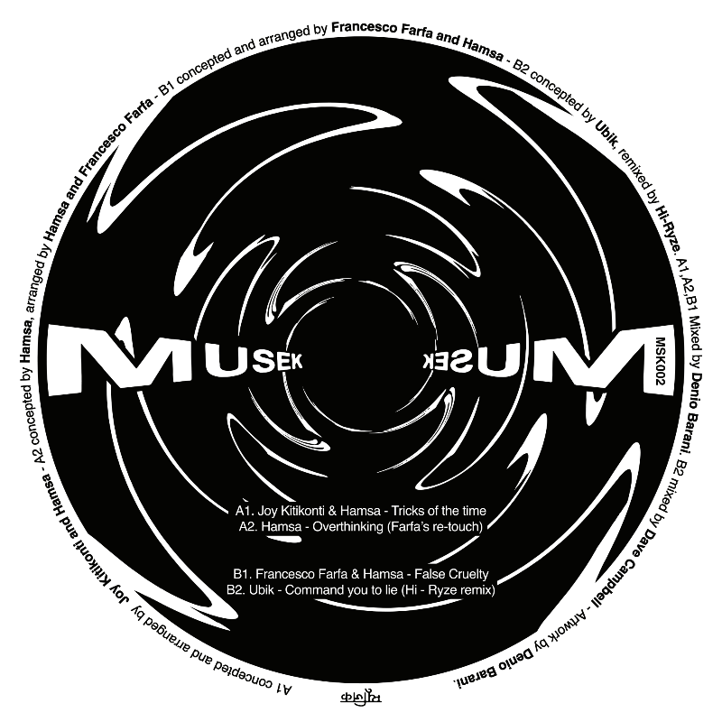 Black and white vinyl record with 'Musek' branding and tracklist on a white background