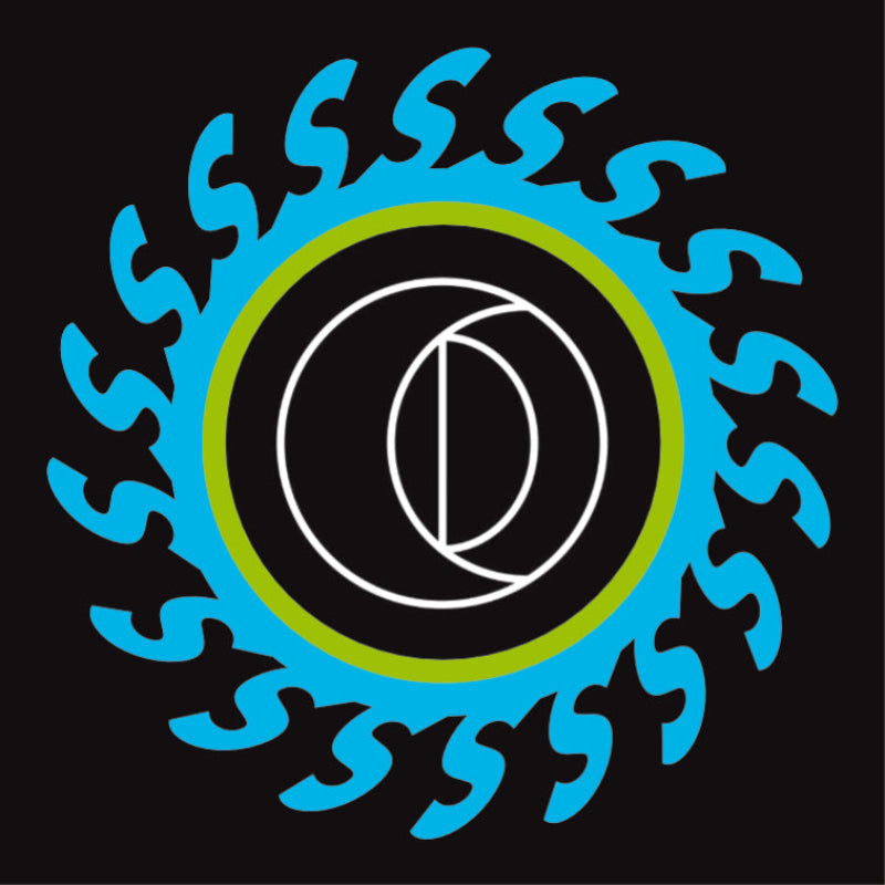 Circular design with blue flames and a central symbol on a black background