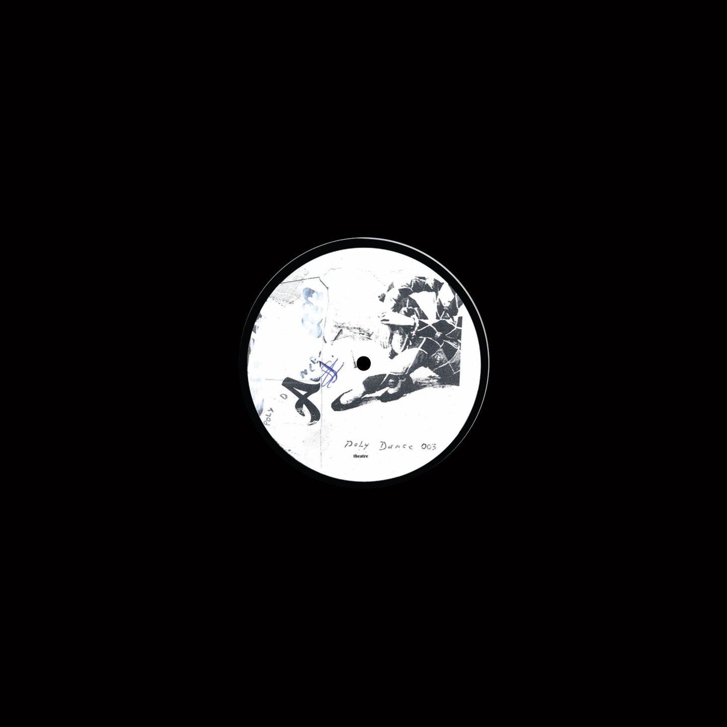 Androo - Sans-titre 12" vinyl record front cover art. Poly Dance 003 vinyl record label. A black and white image of a person in a seated pose on a white background.