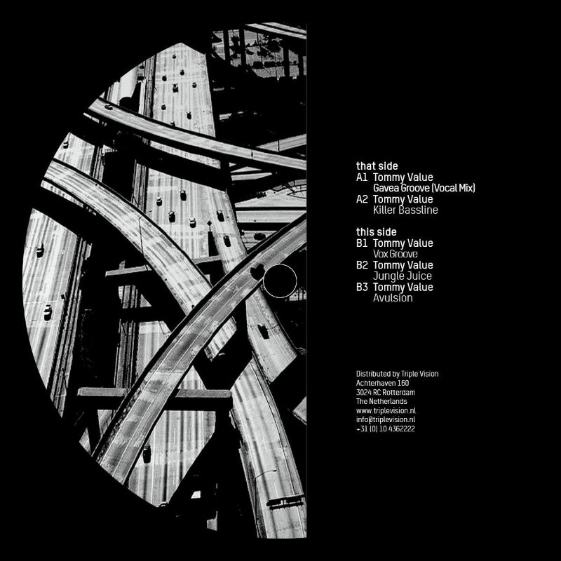 Album cover with abstract road design and track list on a black background