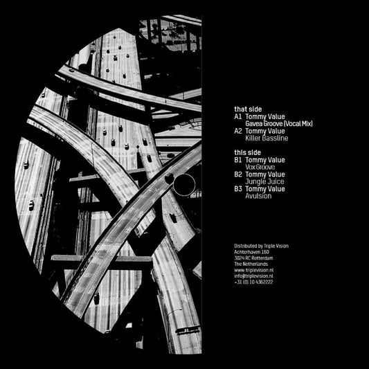 Album cover with abstract road design and track list on a black background