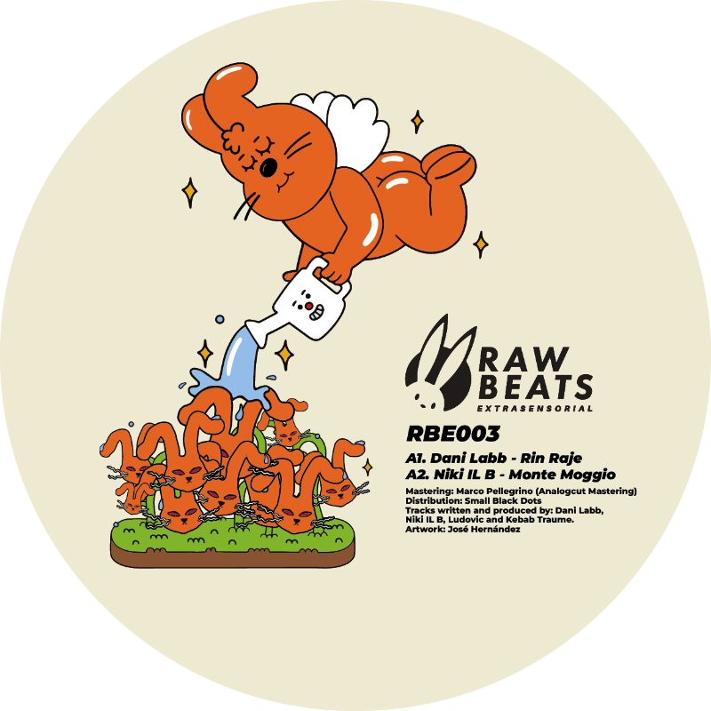 Vinyl record cover with cartoon design and 'Raw Beats' branding