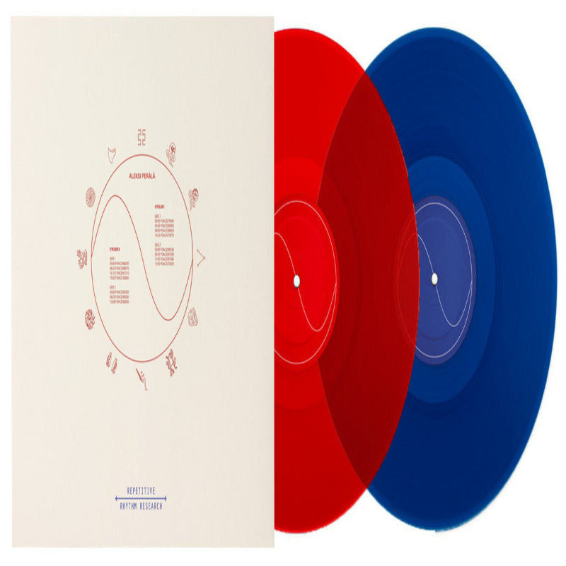 Vinyl records with a red and blue disc and a white cover on a white background