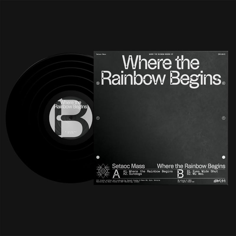 Vinyl record and cover titled 'Where the Rainbow Begins' on a black background
