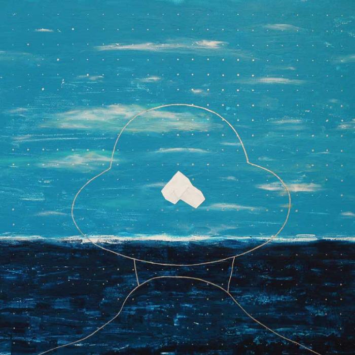 Finetune Dalnie Dali vinyl record cover. An abstract painting featuring a blue background with a cloud-like shape in the center.