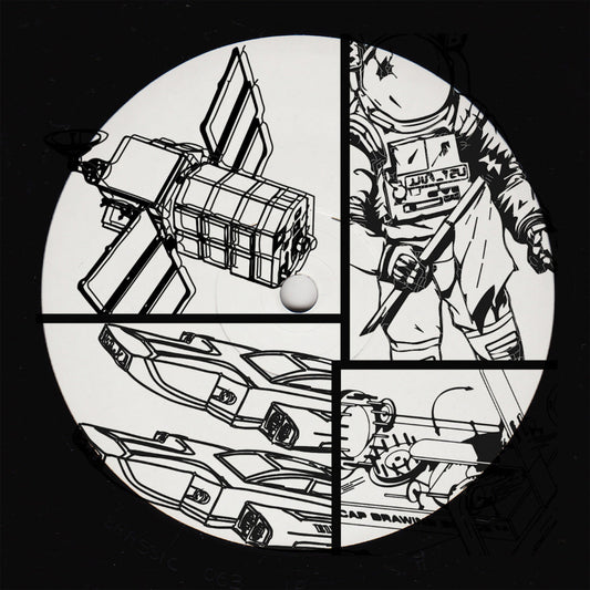 Black and white illustration of a spacecraft and astronaut in a circular layout on a black background.