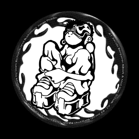 Circular design with a stylized figure wearing goggles and sitting on a motorcycle, surrounded by flames, on a black background.