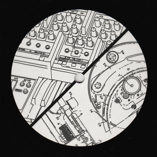 Circular clock face with technical drawing design on a black background