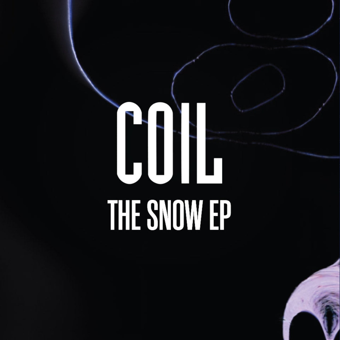Coil The Snow EP vinyl record cover. A minimalist design with the artist name "COIL" and the EP title "THE SNOW EP" in white text on a black background. An abstract, swirling pattern is visible in the background.