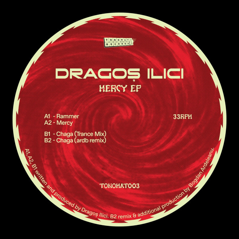 Red vinyl record with white text displaying album details and tracklist on a black background