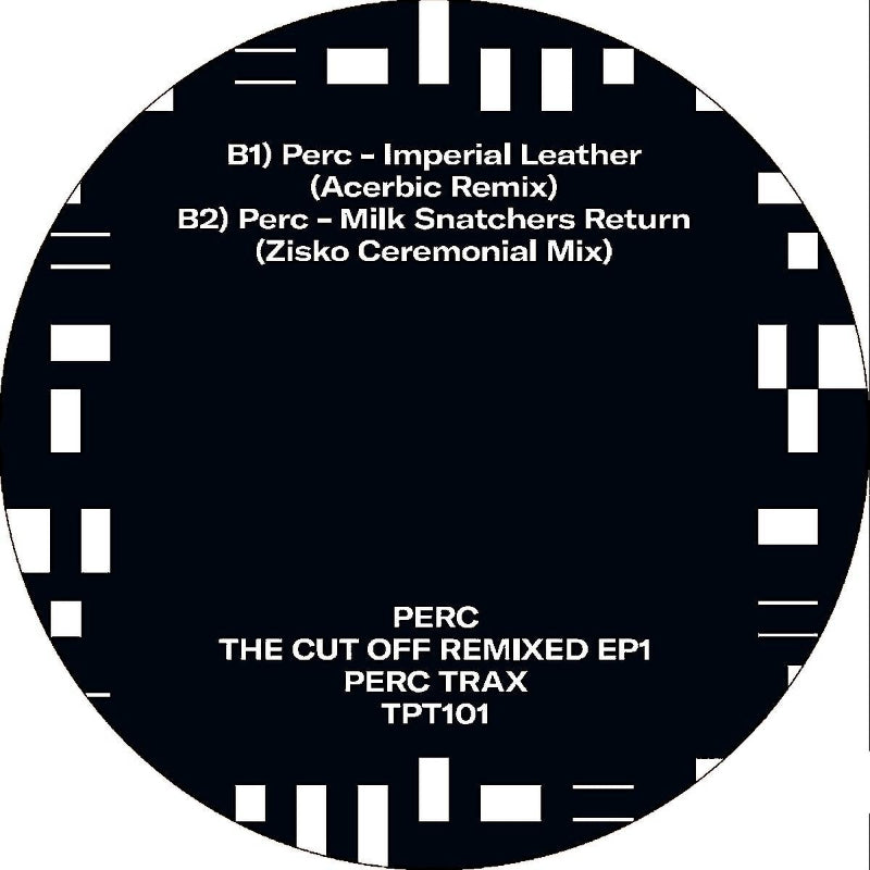 Disc label with track listings and branding on a black background