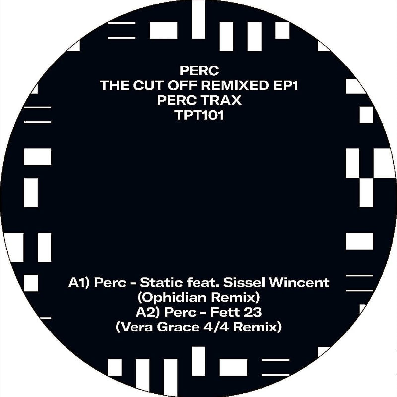 Vinyl record label with text and track listings on a black background