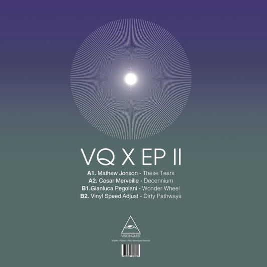 Album cover for VQ X EP II with a geometric design and tracklist on a gradient background