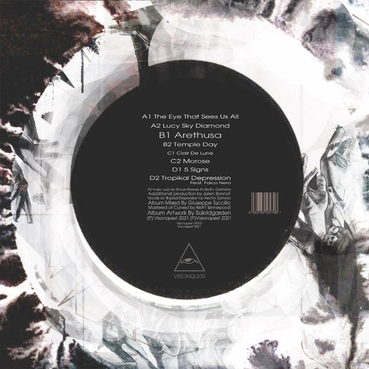 Vinyl record label with tracklist and branding on a black and white abstract background