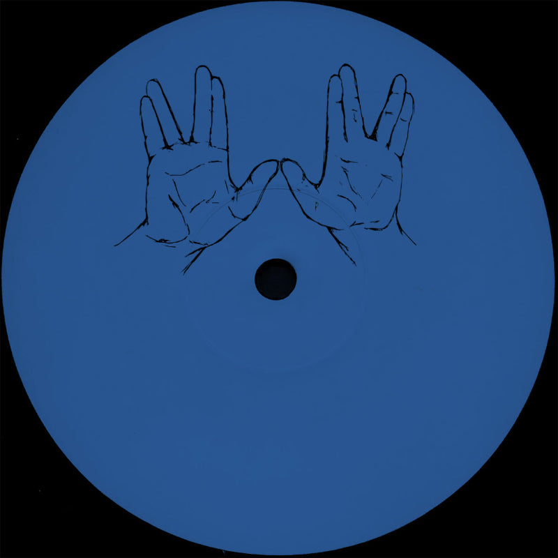 Vinyl record with black line drawing of two hands on a blue background