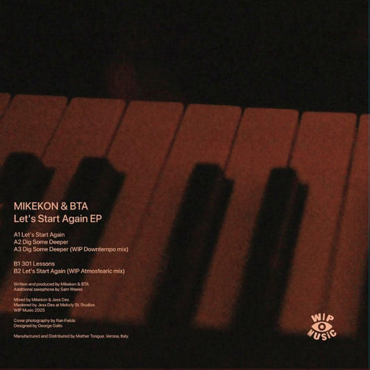 Album cover with piano keys and text for 'Let's Start Again EP' by MIKEKON & BTA, featuring WIP Music logo.