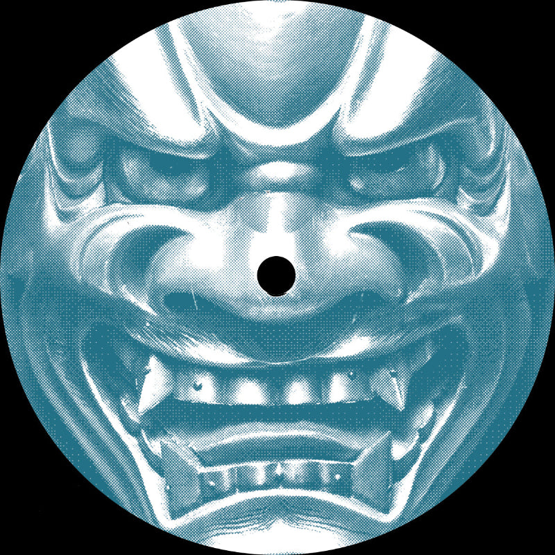 Close-up of a metallic mask with a blue gradient background