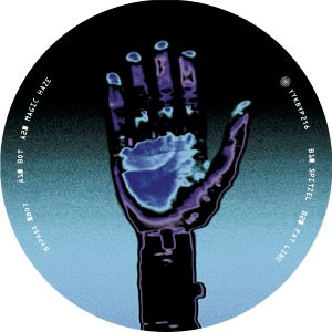 Circular sticker with a futuristic hand design and heart symbol on a gradient background.