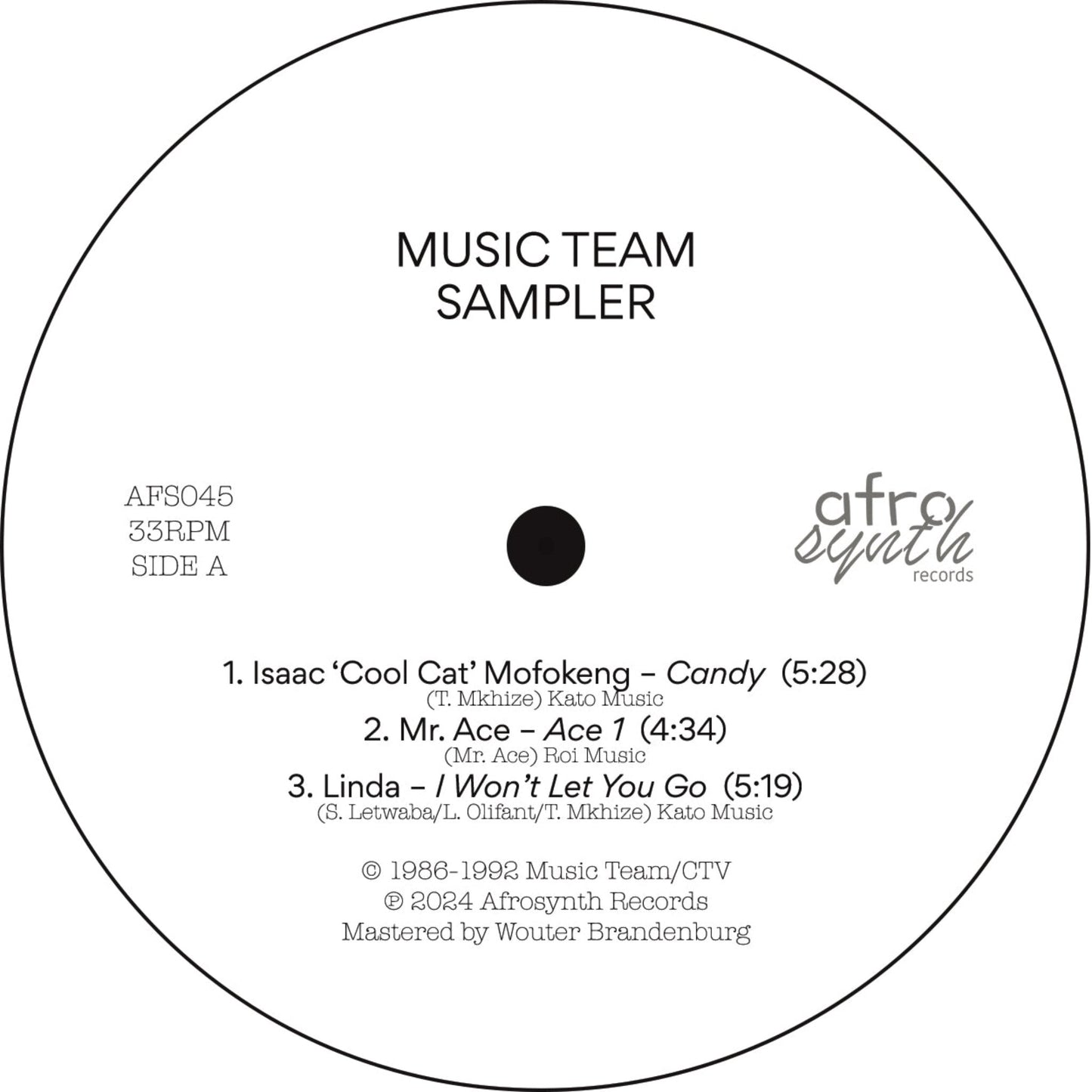 Music Team Sampler vinyl record front cover. A minimalist design with black text on a white background. The album title, track listing, and artist information are displayed, along with the record label and release year.