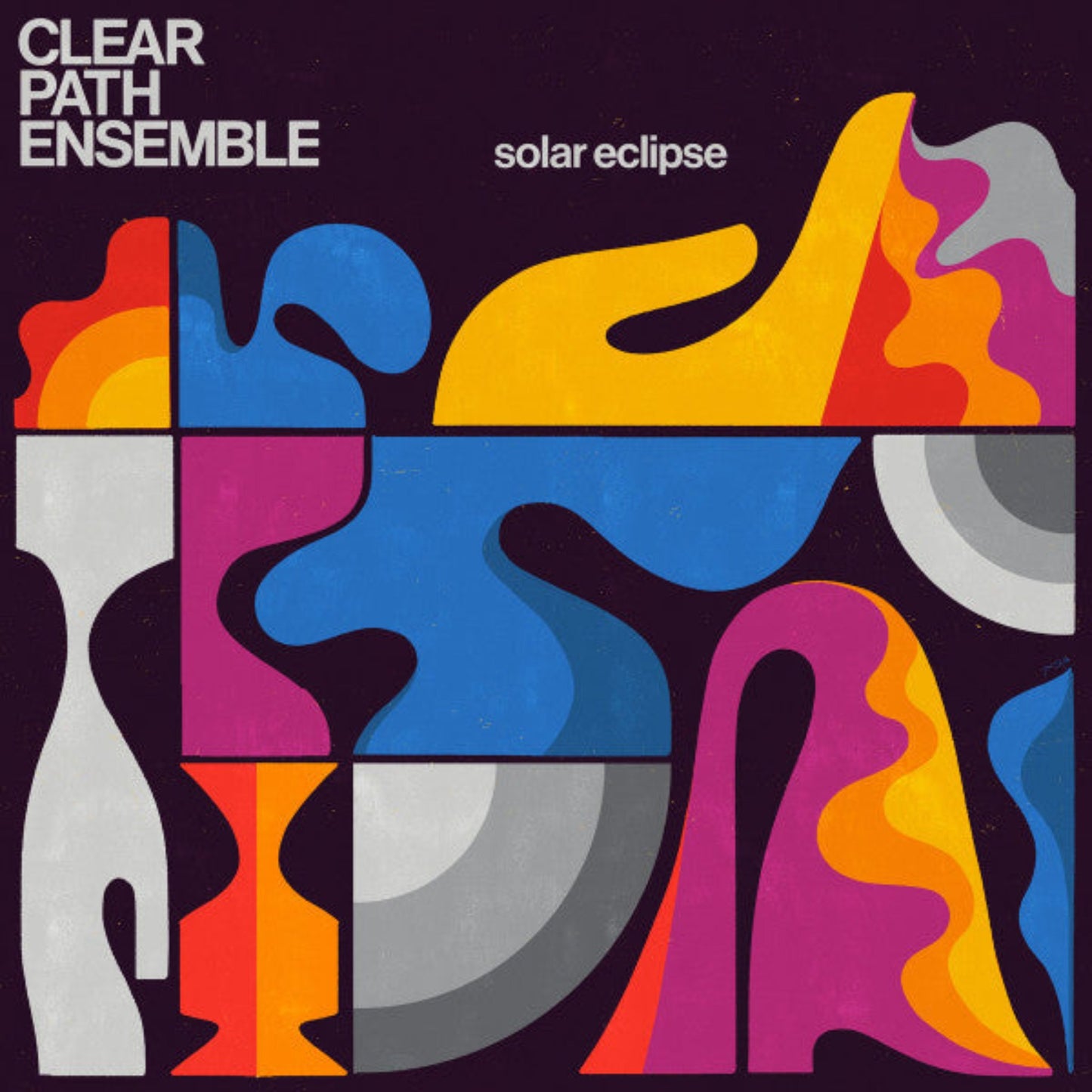Front cover of "Solar Eclipse" by Clear Path Ensemble, standard vinyl edition with abstract design elements.