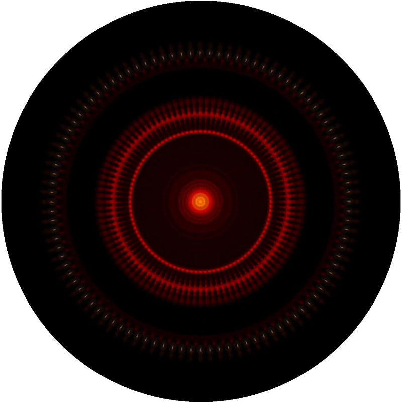 Circular object with concentric red and black rings on a white background