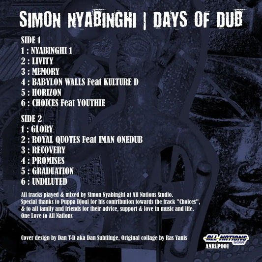 Album cover for Simon Nyabinghi's 'Days Of Dub' on All Nations Records. Atmospheric dub tracks with synthesisers and drum machines